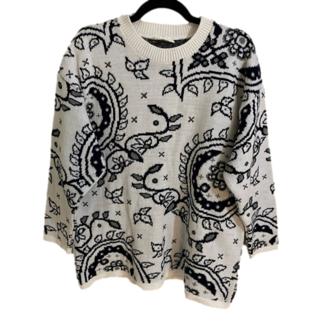 𝅺🎀 Tricots Grace Knit Vintage Graphic Double Layer Crewneck Knit Sweater, S…